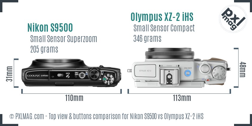 Nikon S9500 vs Olympus XZ-2 iHS top view buttons comparison