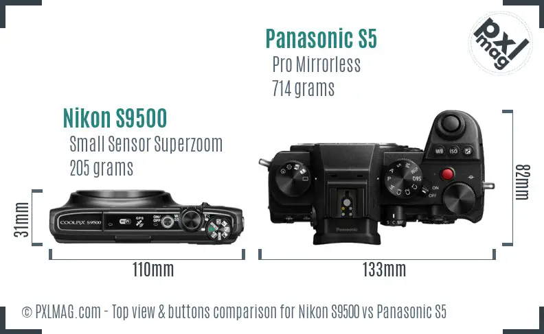 Nikon S9500 vs Panasonic S5 top view buttons comparison Nikon S9500 vs Panasonic S5 top view buttons comparison