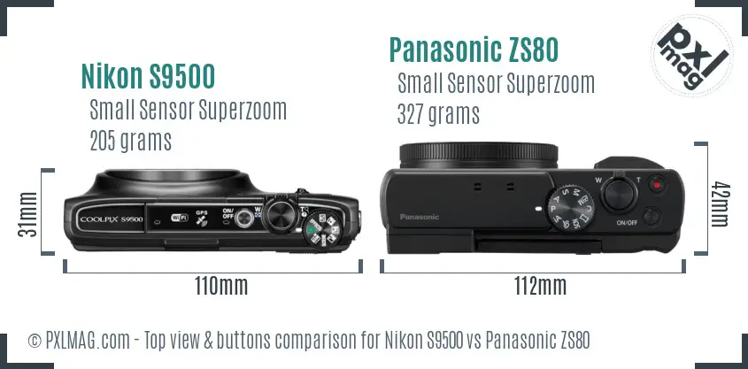 Nikon S9500 vs Panasonic ZS80 top view buttons comparison