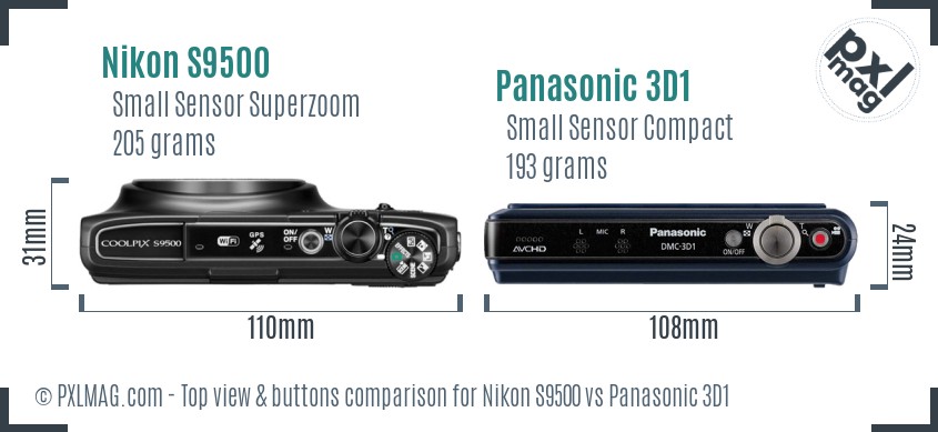 Nikon S9500 vs Panasonic 3D1 top view buttons comparison