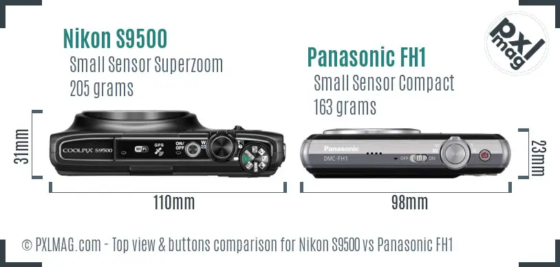 Nikon S9500 vs Panasonic FH1 top view buttons comparison Nikon S9500 vs Panasonic FH1 top view buttons comparison
