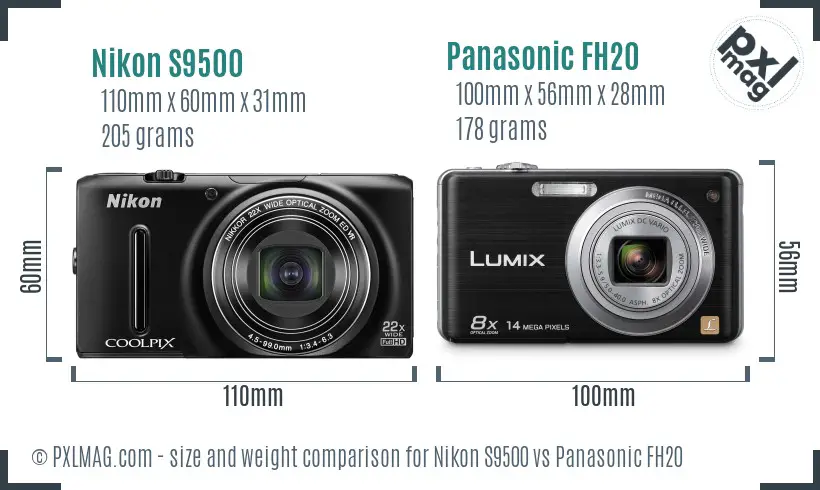 Nikon S9500 vs Panasonic FH20 size comparison