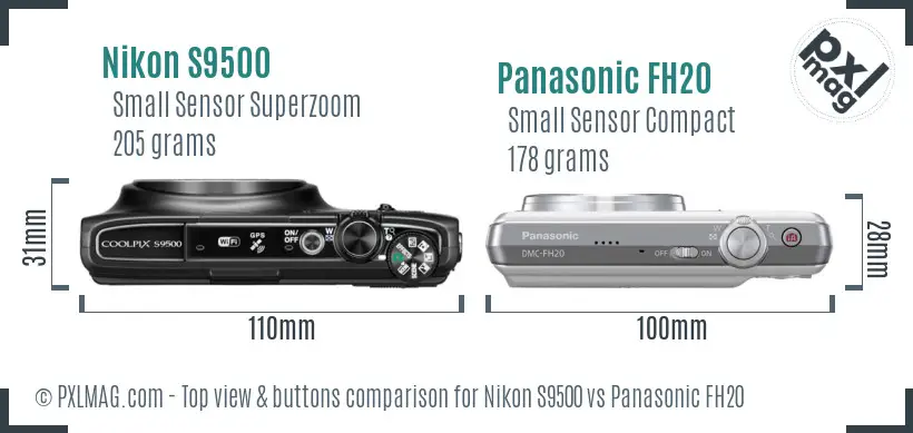 Nikon S9500 vs Panasonic FH20 top view buttons comparison