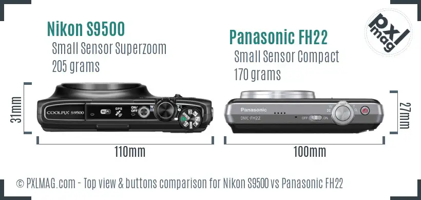 Nikon S9500 vs Panasonic FH22 top view buttons comparison Nikon S9500 vs Panasonic FH22 top view buttons comparison