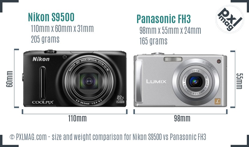 Nikon S9500 vs Panasonic FH3 size comparison