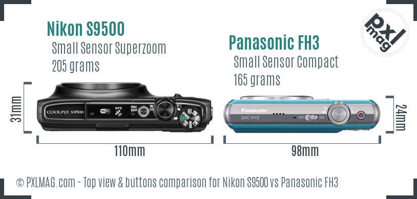 Nikon S9500 vs Panasonic FH3 top view buttons comparison