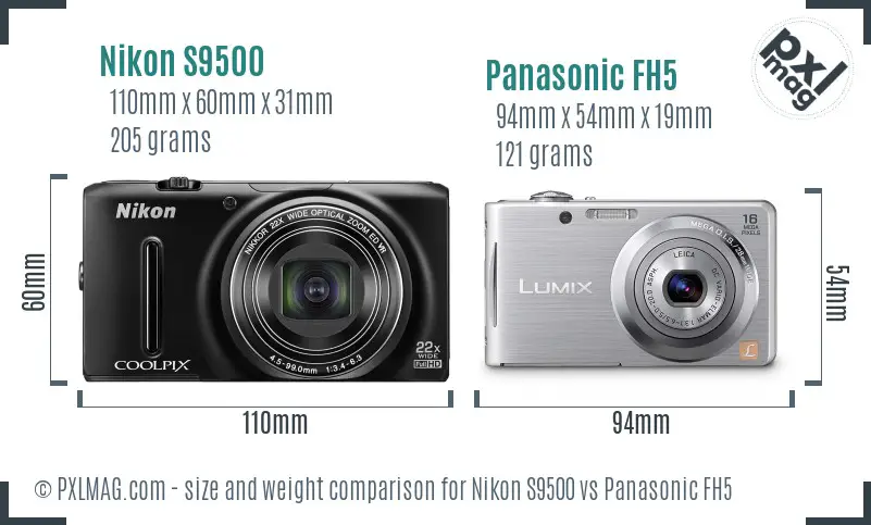 Nikon S9500 vs Panasonic FH5 size comparison