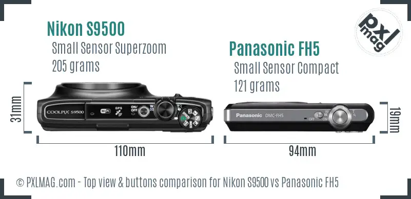 Nikon S9500 vs Panasonic FH5 top view buttons comparison