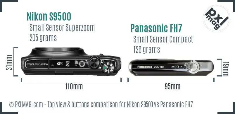 Nikon S9500 vs Panasonic FH7 top view buttons comparison