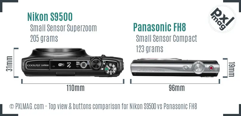 Nikon S9500 vs Panasonic FH8 top view buttons comparison Nikon S9500 vs Panasonic FH8 top view buttons comparison