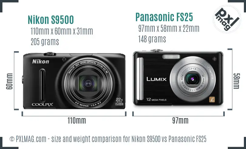 Nikon S9500 vs Panasonic FS25 size comparison