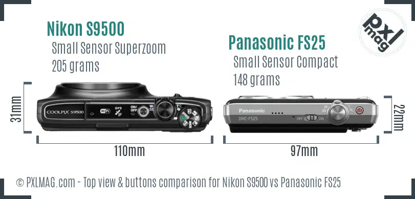 Nikon S9500 vs Panasonic FS25 top view buttons comparison