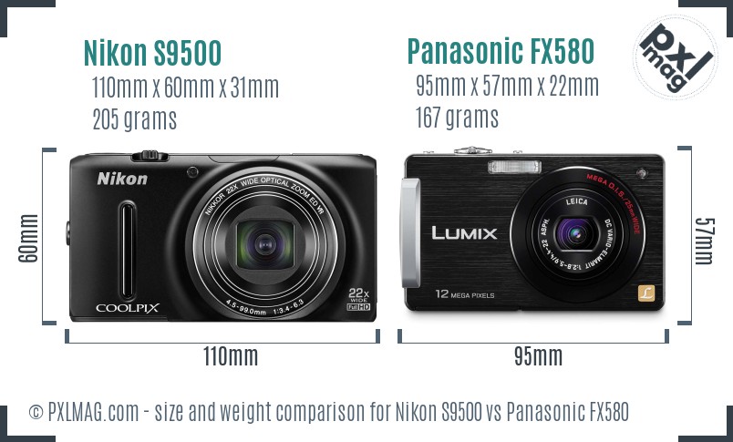 Nikon S9500 vs Panasonic FX580 size comparison