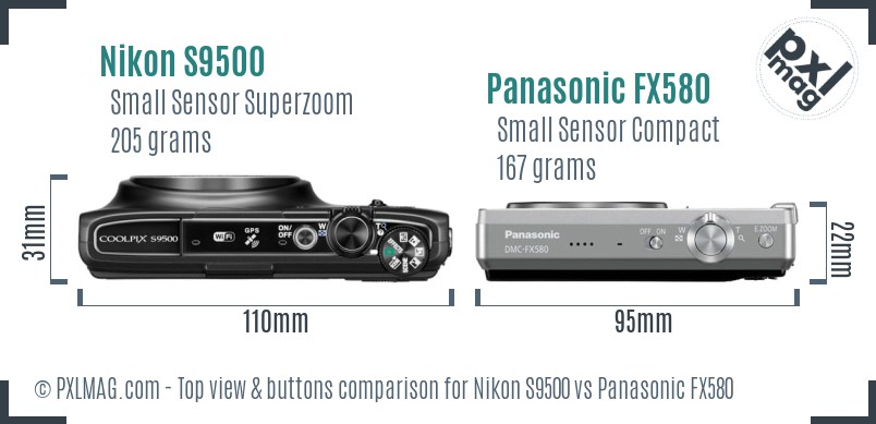 Nikon S9500 vs Panasonic FX580 top view buttons comparison