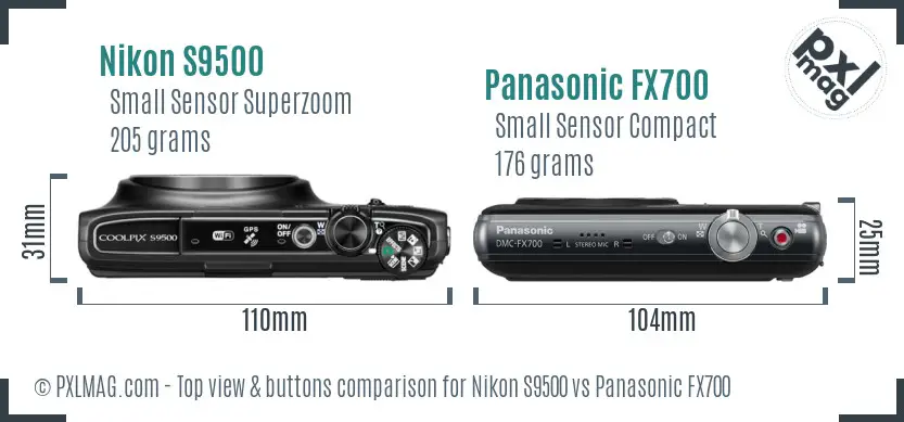 Nikon S9500 vs Panasonic FX700 top view buttons comparison