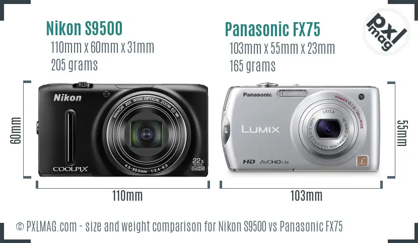 Nikon S9500 vs Panasonic FX75 size comparison