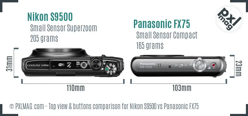 Nikon S9500 vs Panasonic FX75 top view buttons comparison