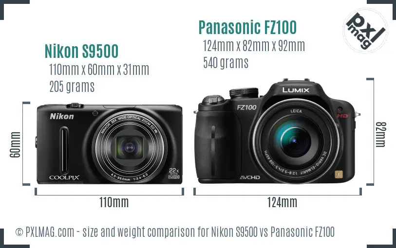 Nikon S9500 vs Panasonic FZ100 size comparison Nikon S9500 vs Panasonic FZ100 size comparison