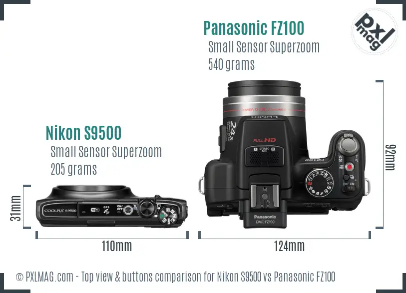 Nikon S9500 vs Panasonic FZ100 top view buttons comparison Nikon S9500 vs Panasonic FZ100 top view buttons comparison