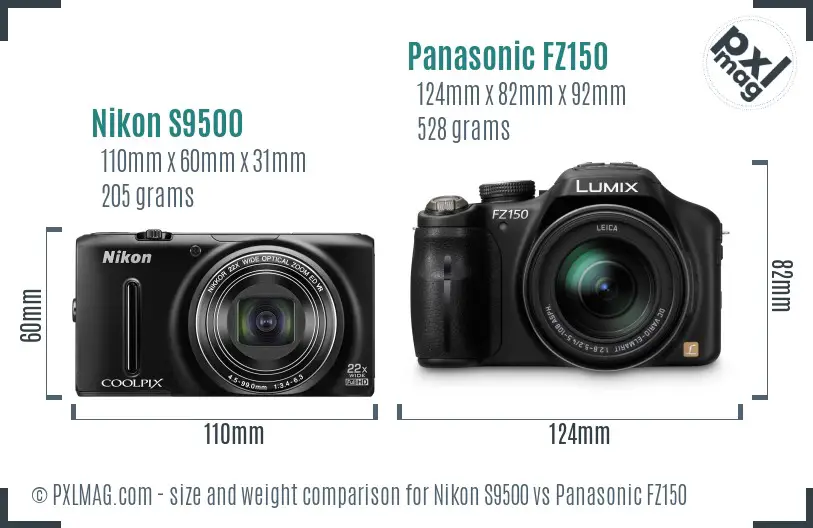 Nikon S9500 vs Panasonic FZ150 size comparison Nikon S9500 vs Panasonic FZ150 size comparison