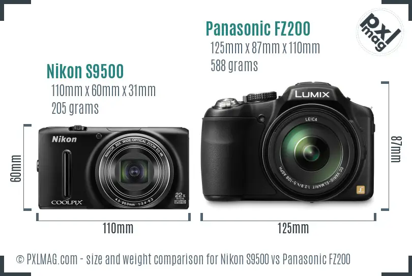 Nikon S9500 vs Panasonic FZ200 size comparison