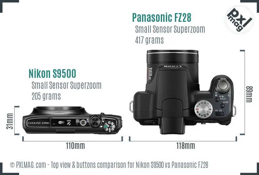 Nikon S9500 vs Panasonic FZ28 top view buttons comparison