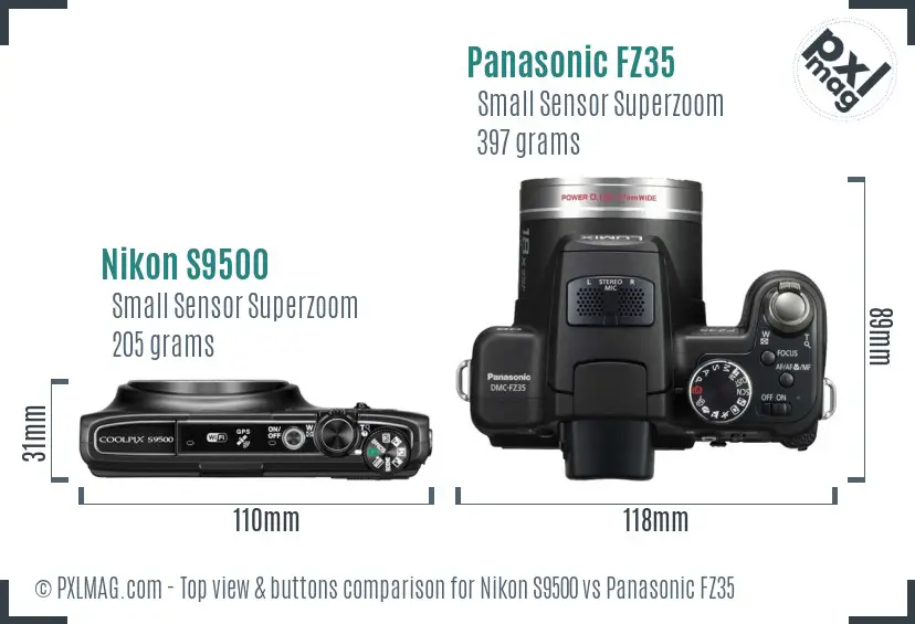 Nikon S9500 vs Panasonic FZ35 top view buttons comparison