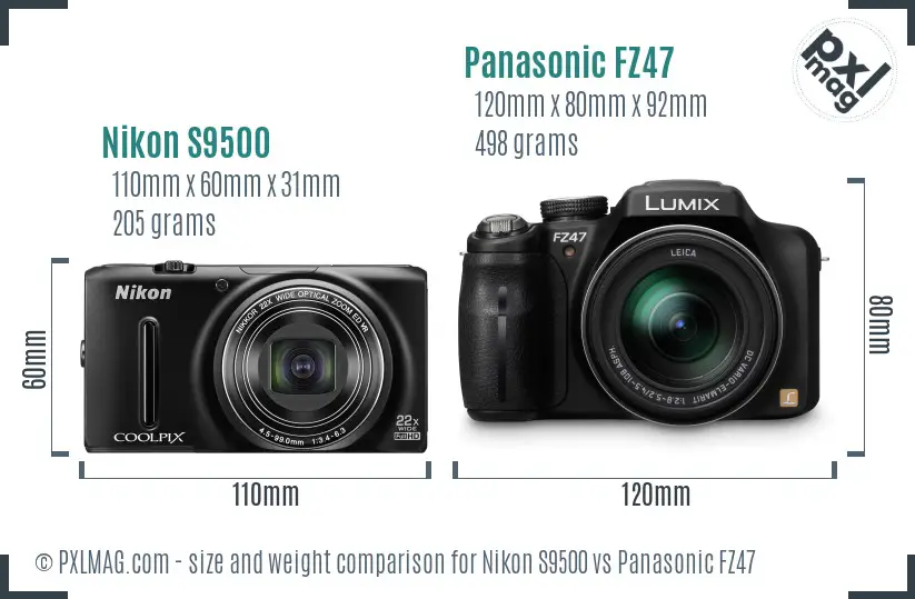 Nikon S9500 vs Panasonic FZ47 size comparison