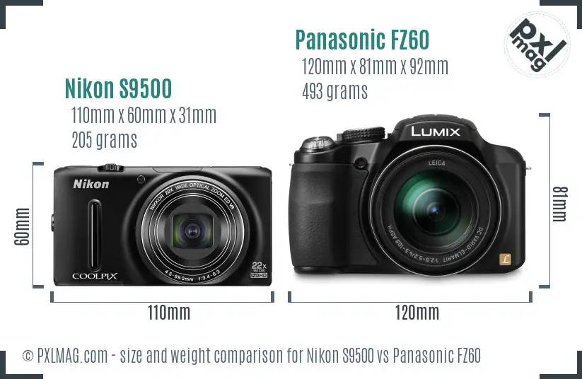 Nikon S9500 vs Panasonic FZ60 size comparison