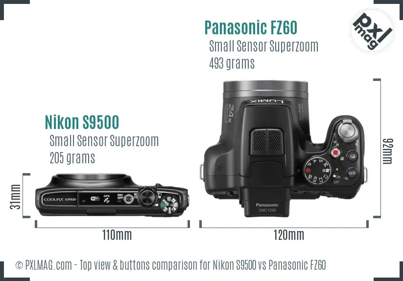 Nikon S9500 vs Panasonic FZ60 top view buttons comparison