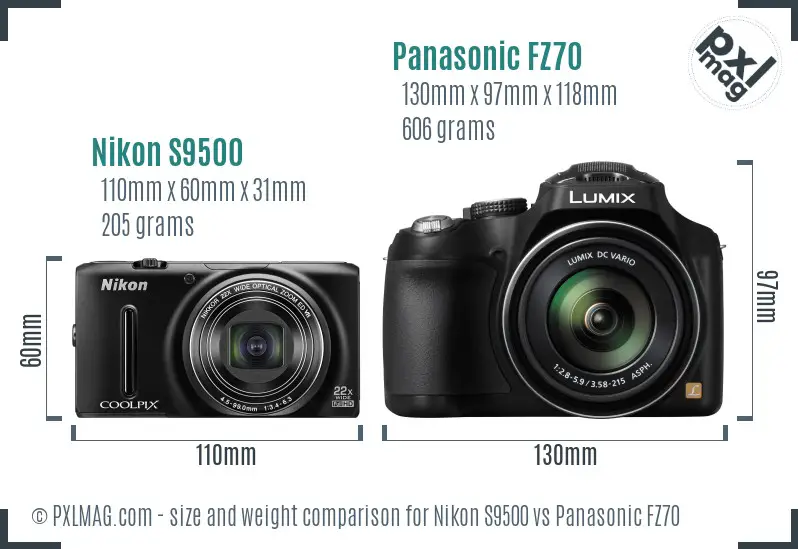 Nikon S9500 vs Panasonic FZ70 size comparison Nikon S9500 vs Panasonic FZ70 size comparison
