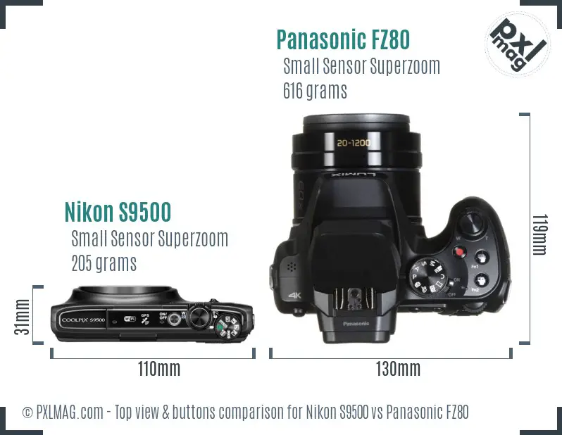 Nikon S9500 vs Panasonic FZ80 top view buttons comparison