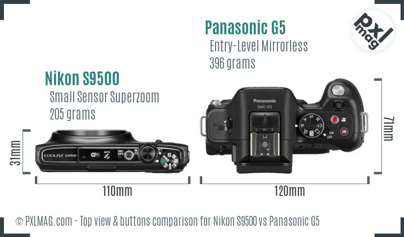 Nikon S9500 vs Panasonic G5 top view buttons comparison