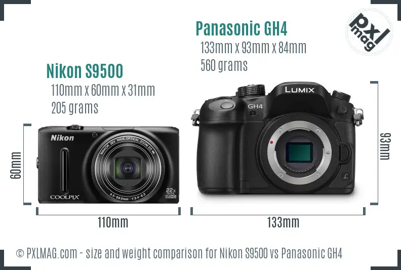 Nikon S9500 vs Panasonic GH4 size comparison Nikon S9500 vs Panasonic GH4 size comparison