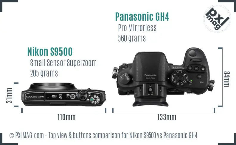 Nikon S9500 vs Panasonic GH4 top view buttons comparison Nikon S9500 vs Panasonic GH4 top view buttons comparison