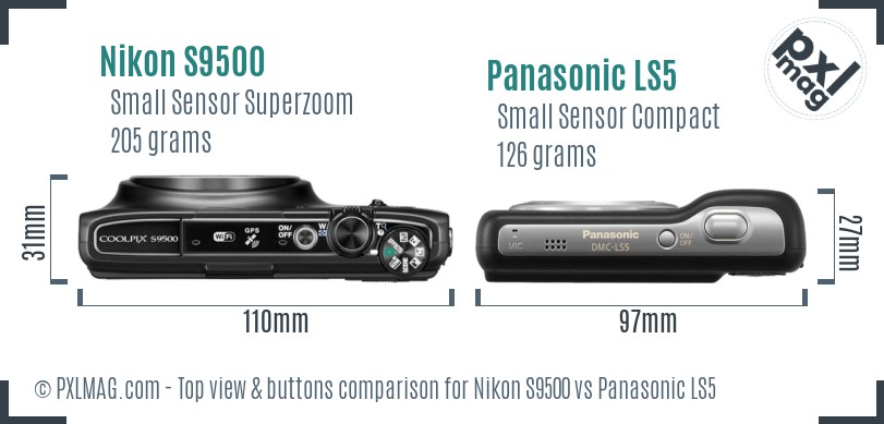 Nikon S9500 vs Panasonic LS5 top view buttons comparison