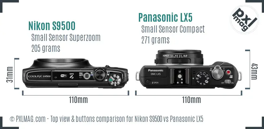 Nikon S9500 vs Panasonic LX5 top view buttons comparison Nikon S9500 vs Panasonic LX5 top view buttons comparison