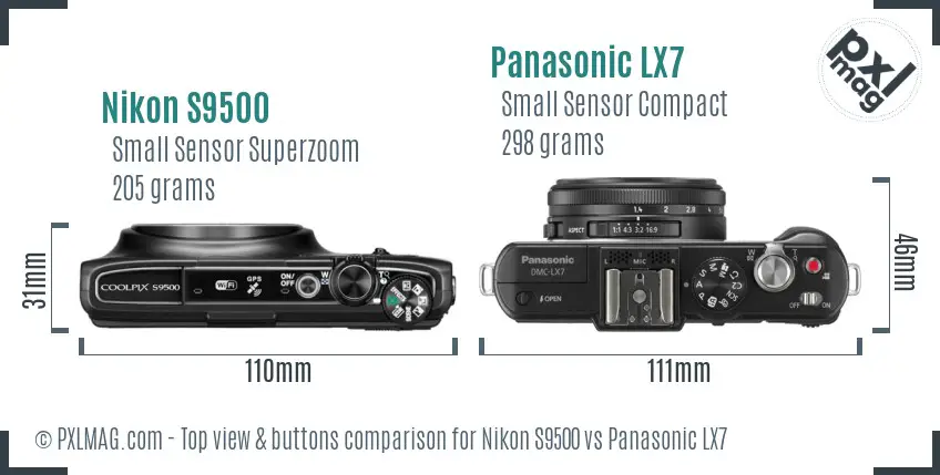 Nikon S9500 vs Panasonic LX7 top view buttons comparison