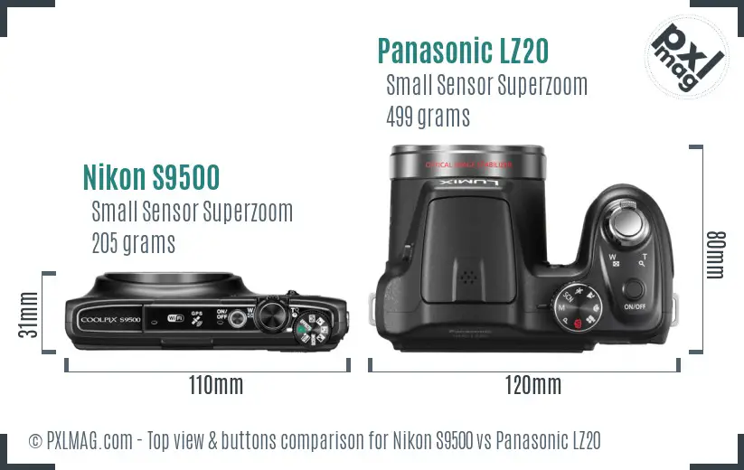 Nikon S9500 vs Panasonic LZ20 top view buttons comparison