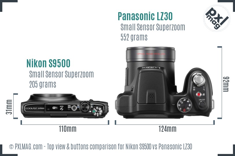 Nikon S9500 vs Panasonic LZ30 top view buttons comparison