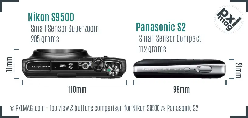 Nikon S9500 vs Panasonic S2 top view buttons comparison Nikon S9500 vs Panasonic S2 top view buttons comparison