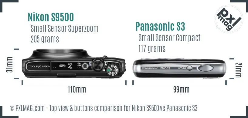 Nikon S9500 vs Panasonic S3 top view buttons comparison