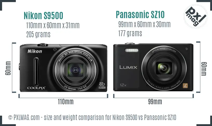 Nikon S9500 vs Panasonic SZ10 size comparison