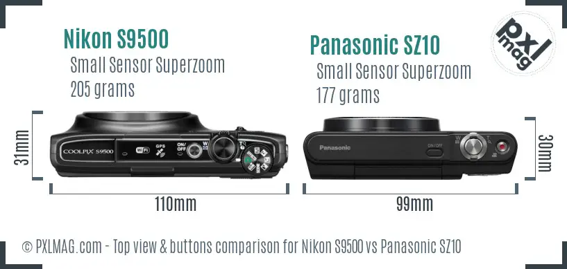 Nikon S9500 vs Panasonic SZ10 top view buttons comparison