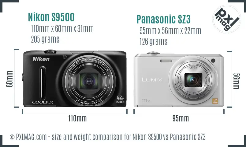 Nikon S9500 vs Panasonic SZ3 size comparison