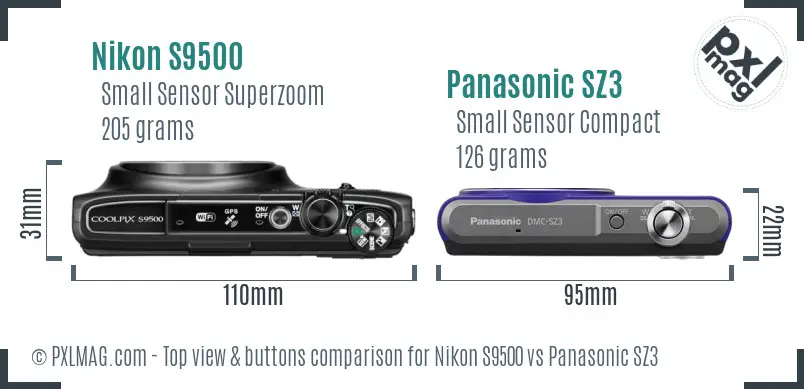 Nikon S9500 vs Panasonic SZ3 top view buttons comparison