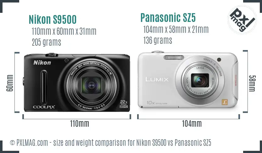 Nikon S9500 vs Panasonic SZ5 size comparison