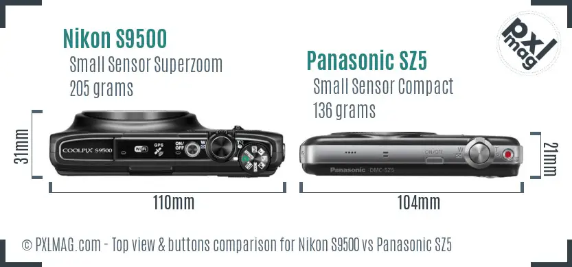 Nikon S9500 vs Panasonic SZ5 top view buttons comparison