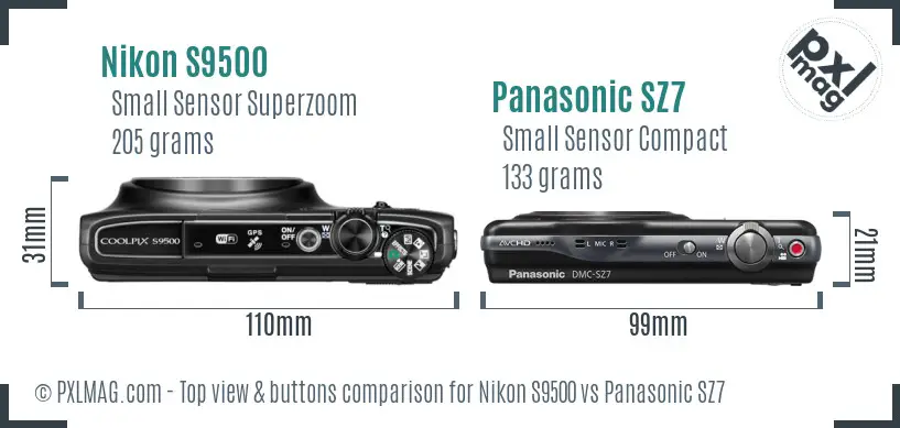 Nikon S9500 vs Panasonic SZ7 top view buttons comparison