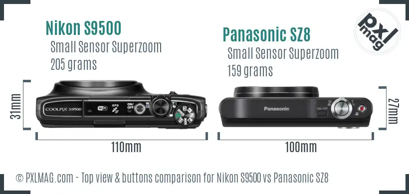 Nikon S9500 vs Panasonic SZ8 top view buttons comparison Nikon S9500 vs Panasonic SZ8 top view buttons comparison
